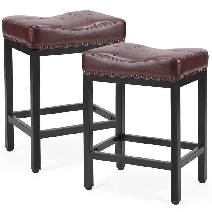 Simenmax PU Leather Bar Stools Set of 2, 24'' Counter Height Stools with Ergonomic Saddle Seat, Modern Metal Frame Kitchen Island Chairs with Footrest, Brown