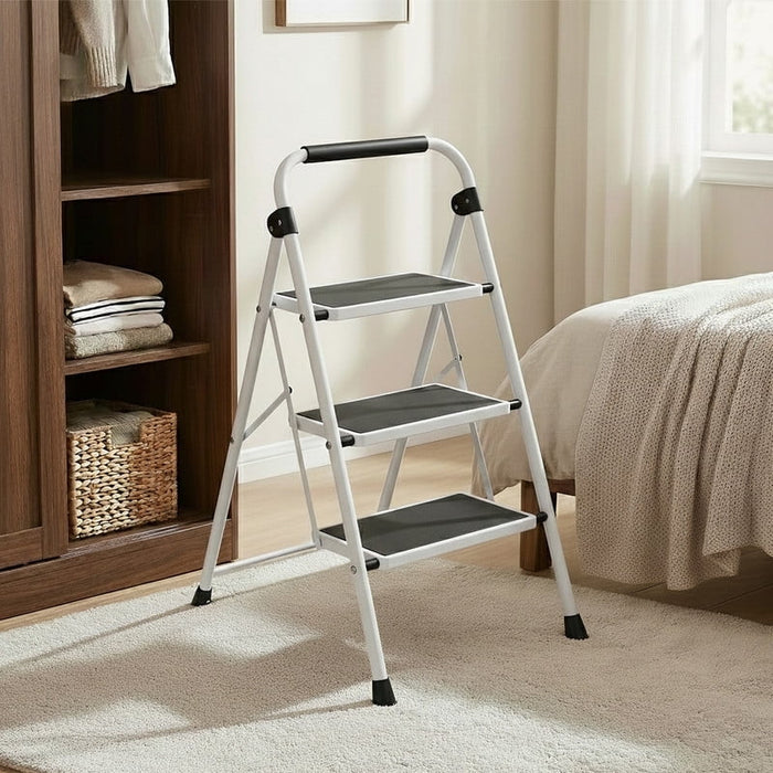 Blorly Step Ladder, Sturdy 3 Step Stool with Anti-Slip Pedal, Automatic lock, for Home Kitchen, Garage, Outdoor Use, Gray
