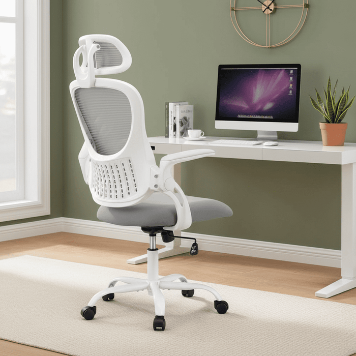 Betcozy Ergonomic Office Chair, Mesh Chair with High Back, Lumbar Support, Headrest and Flip-up Armrests, Rolling Work Swivel Task Chairs for Home Office, Gray