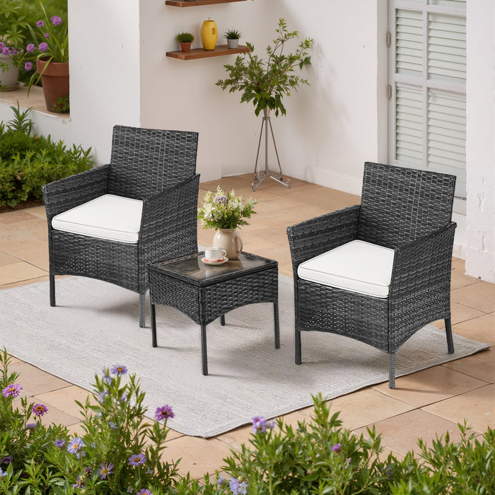 Betcozy 3 PCS Patio Furniture Set, Outdoor Wicker Rattan Conversation Patio Chair Sets with Glass Table, Cushion for Garden, Terrace, Porch, Bistro, Balcony, Black