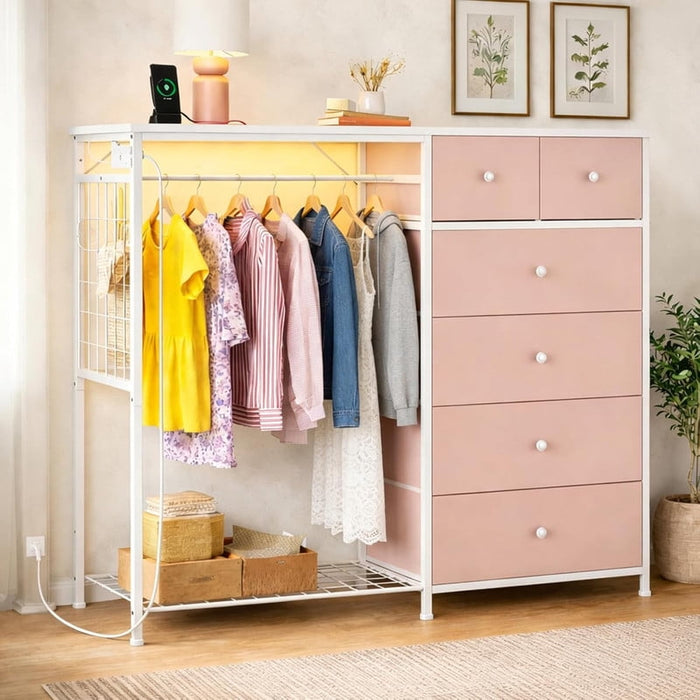 Simenmax 6-Drawer Storage Closet with LED Lights & Charging Station, 49.2" Wide Wooden Wardrobe Rack with Fabric Bins,Portable Clothing Organizer for Bedroom, Entryway, Pink
