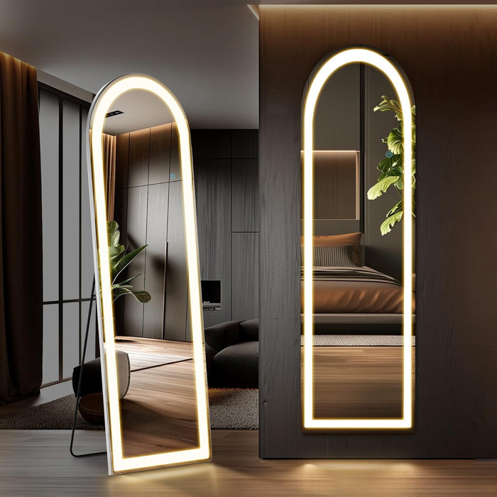 Taoset Arched Full Length Mirror with LED Lights, 60"x16" Lighted Floor Standing Mirror with Stand