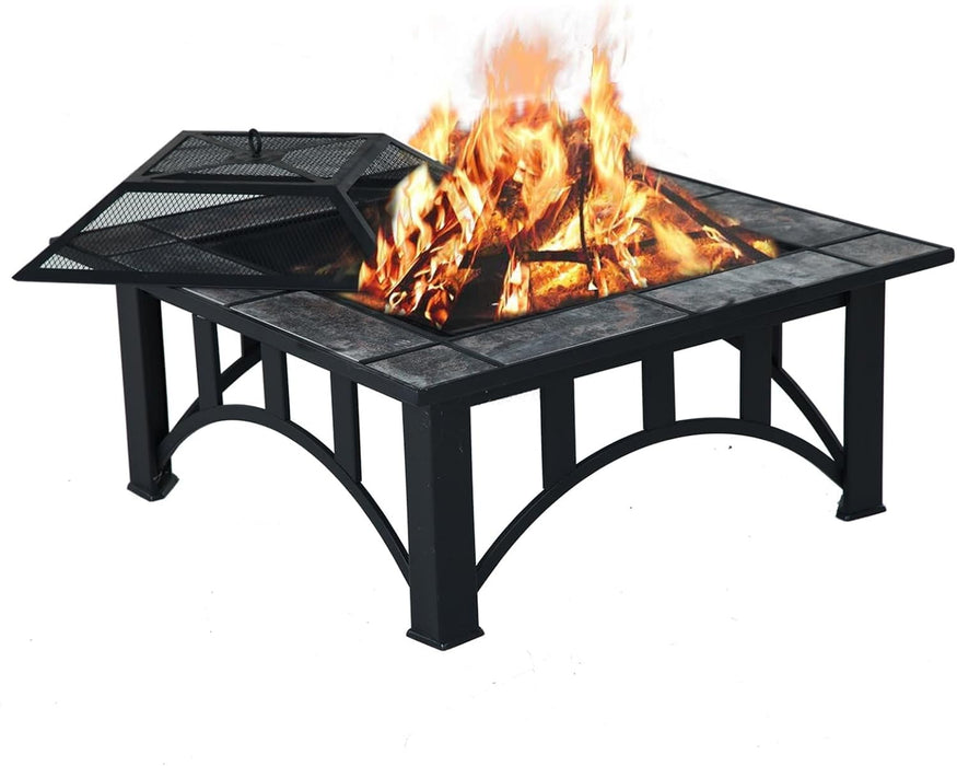 Betcozy Outdoor Fire Pit, 34 Inch Fire Pit with Lid and Poker, Marble Square Tables for Outdoor Heating, Camping, Patio fires
