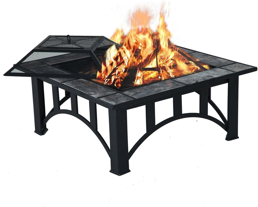 Betcozy Outdoor Fire Pit, 34 Inch Fire Pit with Lid and Poker, Marble Square Tables for Outdoor Heating, Camping, Patio fires