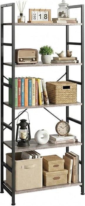 Bigleap 5-Tier Bookshelf, 62.2" Industrial Tall Storage Shelf, Modern Bookcase for Living Room, Home Office, Bedroom, Grey