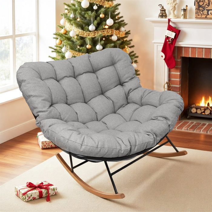 Betcozy All-Weather Rocking Papasan Chair, Rust-Resistant Metal Patio Rocker with Thick Water-Repellent Cushion, Heavy Duty Outdoor Lounge Chair for Porch, Deck & Garden, Gray