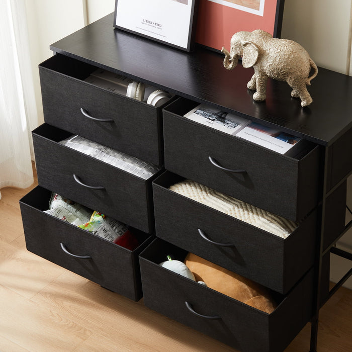 Ethovia 6-Drawer Fabric Storage Dresser, Sturdy Steel Frame with Wooden Tabletop, Wide Foldable Bins, Perfect for Bedroom, Hallway, and Entryway, Black