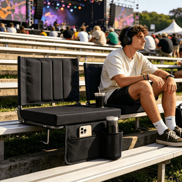 Taoset 3.5 Inch Thick Stadium Chair, Wide Folding Bleacher Seat with Backrest, Anti-Slip Steel Hook, Portable Compact Sports Chair with Padded Cushion & Cup Holder for Camping, Football, Black, 1PCS