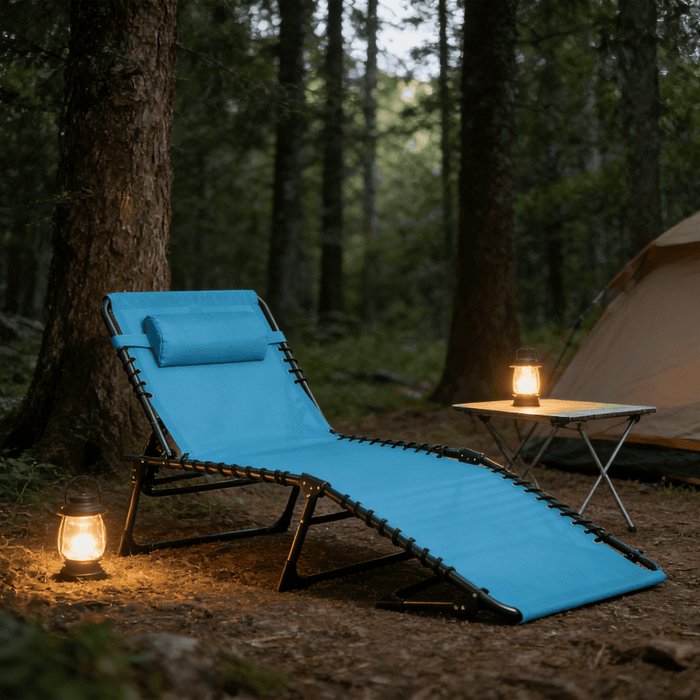Betcozy Folding Camping Cot, Adjustable Reclining Lounge Chair with Pillow for Patio Lawn, Beach, Supports 250LBs, Blue