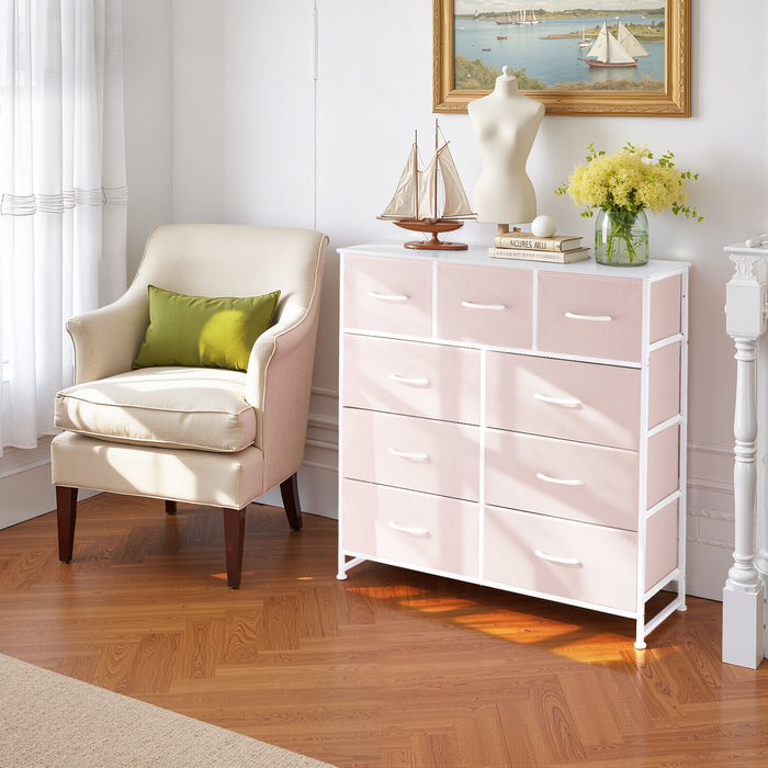 Bigleap 9 Drawers Dresser for Bedroom, Fabric Dresser with Sturdy Steel Frame, Wooden Top & Easy Pull Fabric Bins,Pink