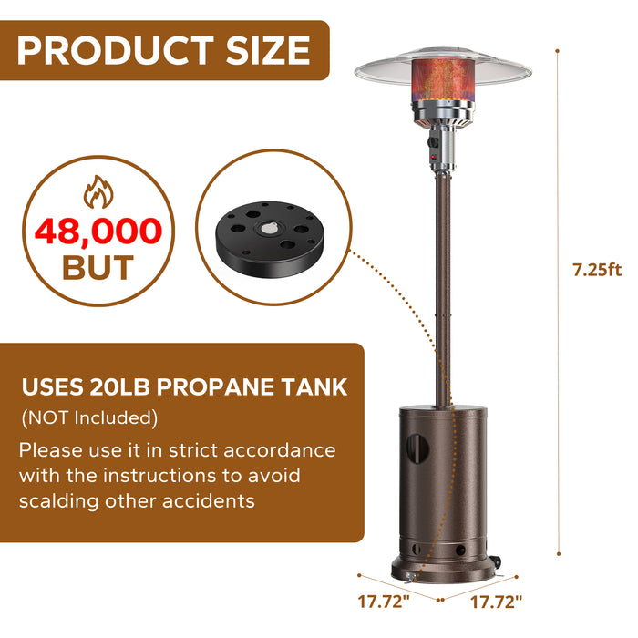 Propane Patio Heater, 48,000 BTU Steel Patio Heater,  Premium Standing Propane Patio Heater with Wheels and Cover, Brown