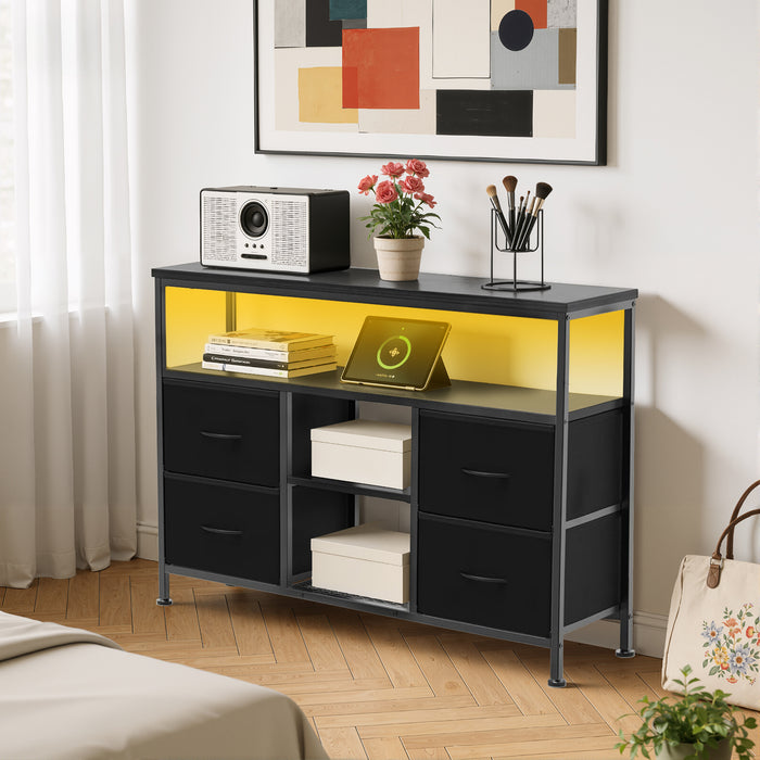 Bigleap Smart LED TV Stand with Charging Station & 4 Drawers – Fits 50 Inch TV, Adjustable Feet, Modern Media Console for Living Room & Bedroom, Black