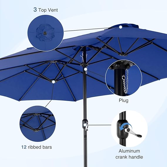 Sybels 15ft Large Rectangle Patio Umbrella with Base, Outdoor Sun Shade for Deck, Backyard, Market, Blue