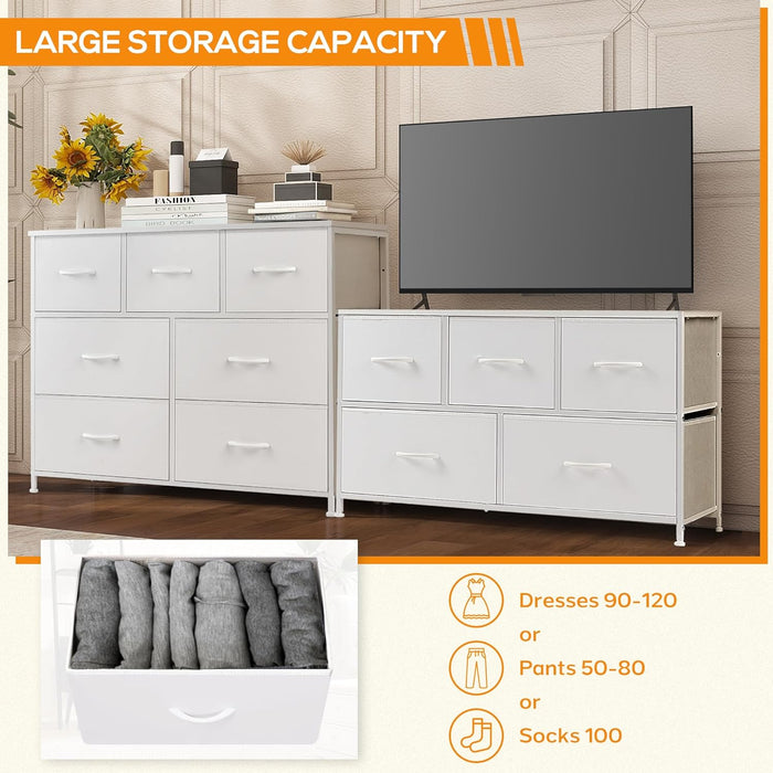 Bigleap 7 Drawer Dresser, Wide Chest Of Drawers Nightstand Storage Tower Storage Dresser Fabric Dresser With Wood Top for Living Room, Bedroom, Hallway, Nursery, White