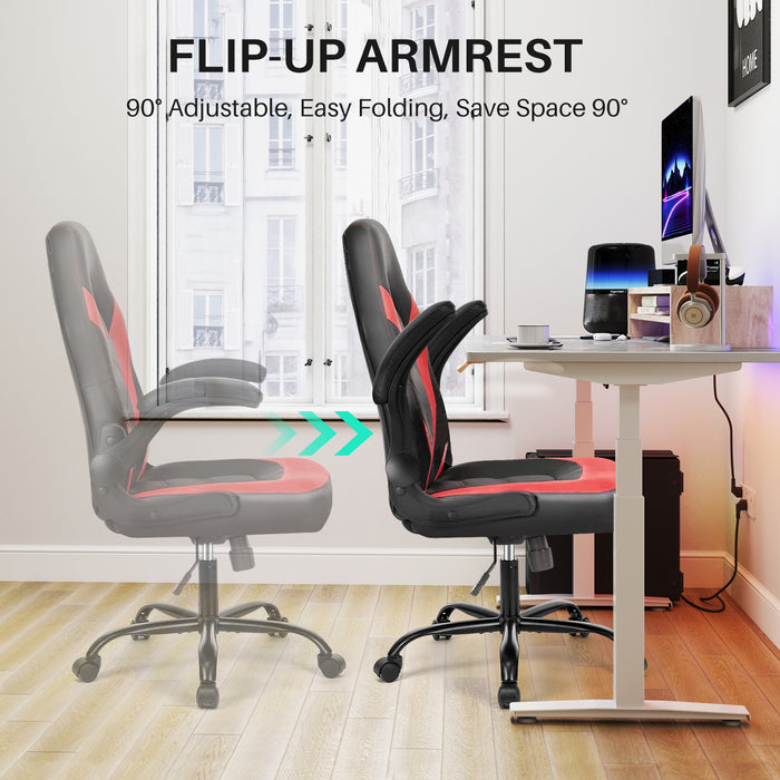 Simenmax Gaming Chair, Ergonomic Office Leather Racing Chair with Flip-up Armrest, Black Red