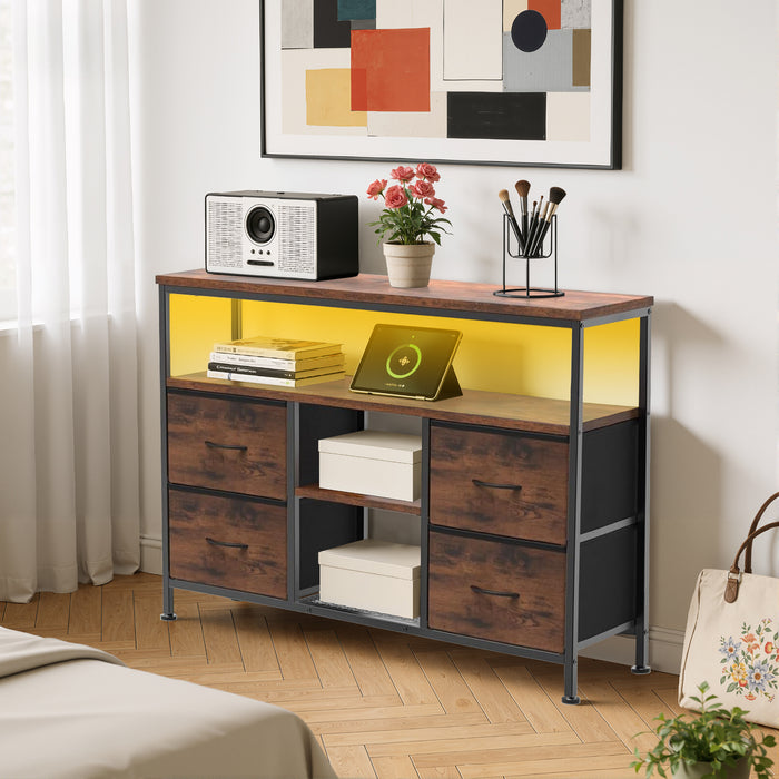 Bigleap Smart LED TV Stand with Charging Station & 4 Drawers – Fits 50 Inch TV, Adjustable Feet, Modern Media Console for Living Room & Bedroom, Brown