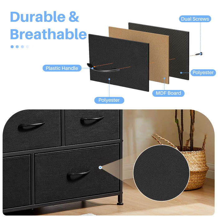 Simenmax 5 Fabric Drawer Dresser TV Stand for Bedroom, Entertainment Center for 45 Inch TV with Storage Drawer Unit, Open Shelf, Adjustable Feet, Living Room, Black