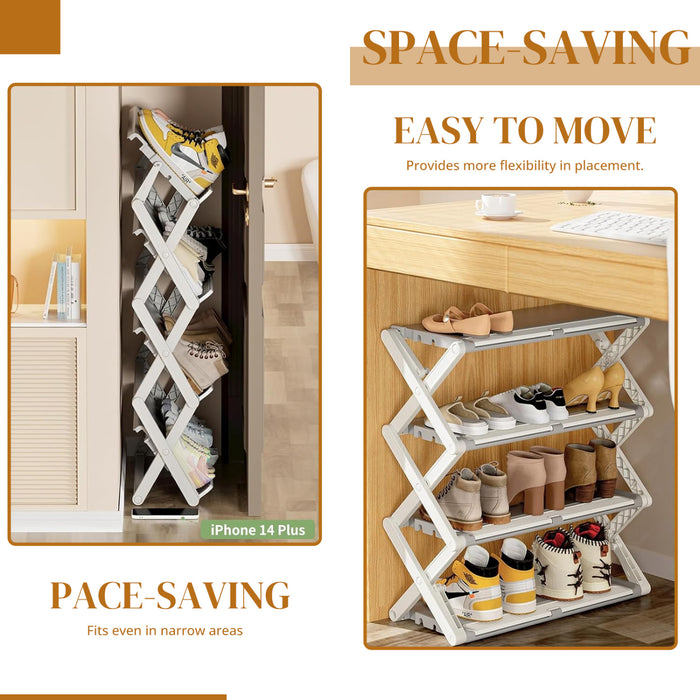 4-Tier Folding Shoe Rack, Adjustable Space-Saving Shoe and Boot Organizer, 2-Mode Floor Mount Shoe Holder, Free-Standing Shoe Shelf for Closet, Hallway, Entryway, Bedroom & Bathroom Holds 8-12 Pairs