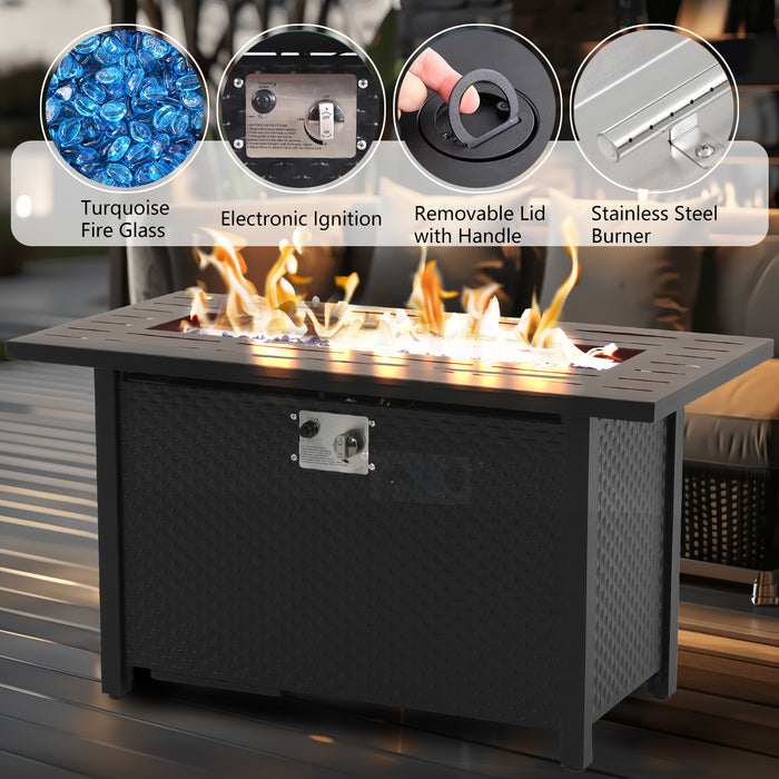 Betcozy Propane Fire Pit 45 Inch Rectangle Outdoor Gas Fire Pits, 50,000 BTU Fire Table with Steel Tabletop, Glass Wind Guard, Blue Glass Stone and Waterproof Cover for Outside Patio, Garden, Deck, Yard
