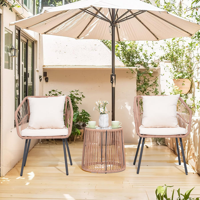 3 Piece Outdoor Wicker Furniture Patio Bistro Set, Rattan Conversation Set with 2 Wicker Patio Chairs, Coffee Table and Cushion, Patio Furniture for Porch, Backyard, Balcony