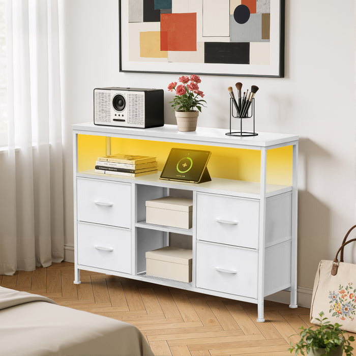 Bigleap Smart LED TV Stand with Charging Station & 4 Drawers – Fits 50 Inch TV, Adjustable Feet, Modern Media Console for Living Room & Bedroom, White