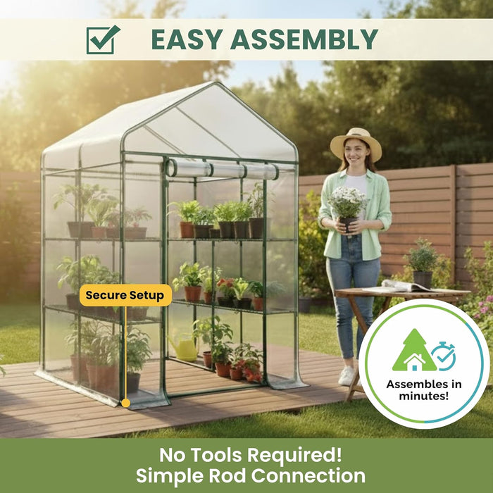 Simenmax 56'' Walk-In Greenhouse, Garden House with Roll-Up Door & Sturdy Shelves, Season Extension for Herbs, Vegetables, Seedlings,Clear