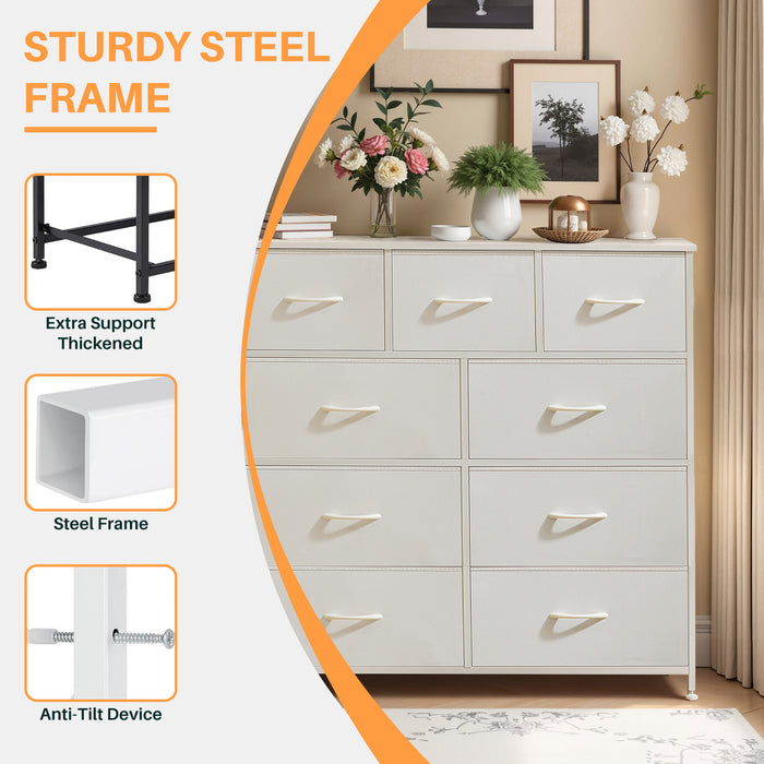 Simenmax 9 Drawers Dresser for Bedroom, Tall Fabric Closet Chests Organizer Tower Furniture with Wooden Top Metal Frame for Clothes, Room, Living Room, Hallway, Entryway,White