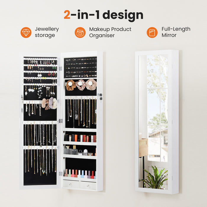 Bigleap Mirror Jewellery Cabinet Lockable Wall Mounted Jewelry Armoire Organizer with 6 LED Light