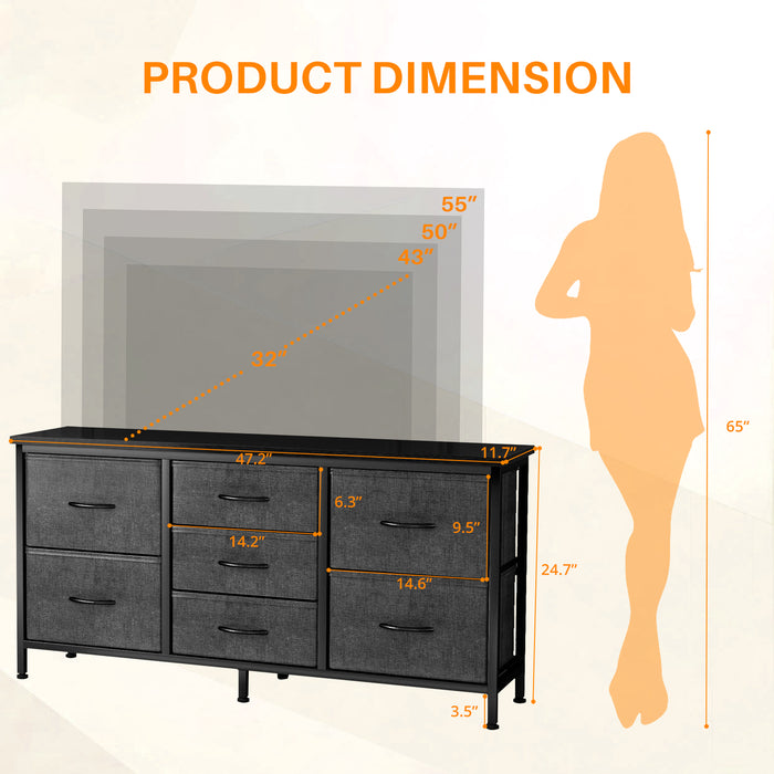 Simenmax 7-Drawer Fabric TV Stand & Storage Dresser – Versatile Media Console for Living Room, Bedroom, and Small Spaces, Gray