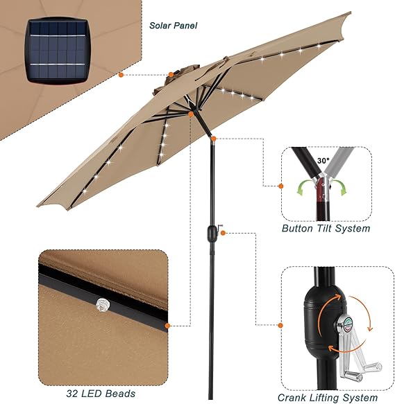 TINKLE WELL 10FT Solar Patio Umbrella with 32 LED Lights, Push Button Tilt & Crank, 8 Sturdy Ribs for Pool, Beach & Restaurant