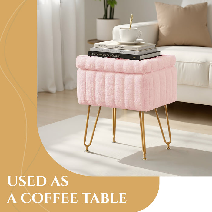 TINKLE WELL Storage Vanity Stool Chair, Soft Faux Fur Makeup Ottoman, Adjustable Anti-Slip Feet, Modern Footrest for Bedroom, Makeup, Entryway