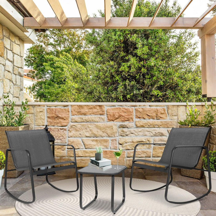 Simenmax 3-Piece Outdoor Rocking Set, Outdoor Furniture Set with Textilene Chairs & Glass-Top Table, Conversation Set of 3 for Porch, Lawn, Garden, Yard, Balcony, Poolside, Black