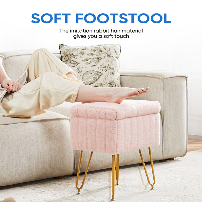 Simenmax Vanity Stool Chair with Storage, Ottoman Faux Fur Soft Padded Makeup Footstools Seat with 4 Metal Legs Anti-Slip Adjustable Feet Modern Cute Small Footrest for Home Entryway Bedroom,Pink