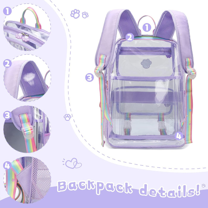 Clear Backpack for Girls, Cute Transparent Heavy Duty Stadium Approved PVC Kids School Book Bags With Free Pendant As Gift, Purple