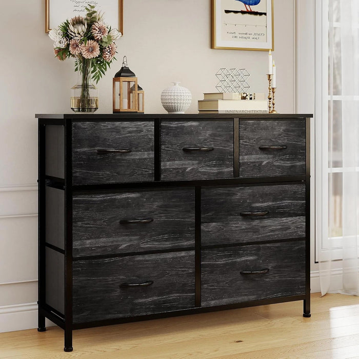 Bigleap 7 Drawer Dresser TV Stand, Dresser with Metal Frame and Wood Top, Chest of Drawers for Bedroom, Living Room,Black Wood