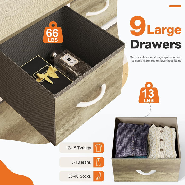 Simenmax 9 Drawers Dresser for Bedroom, Tall Fabric Closet Chests Organizer Tower Furniture with Wooden Top Metal Frame for Bed Room, Living Room, Hallway, Entryway,Oak Greige