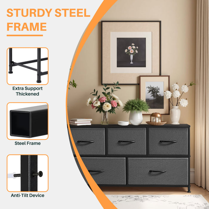 Simenmax 5 Dresser for Bedroom, 5 Storage Drawers, Wide Fabric Closet Chests Organizer Tower Furniture with Wooden Top Metal Frame for Clothes, Room, Living Room, Hallway, Entryway, Gray