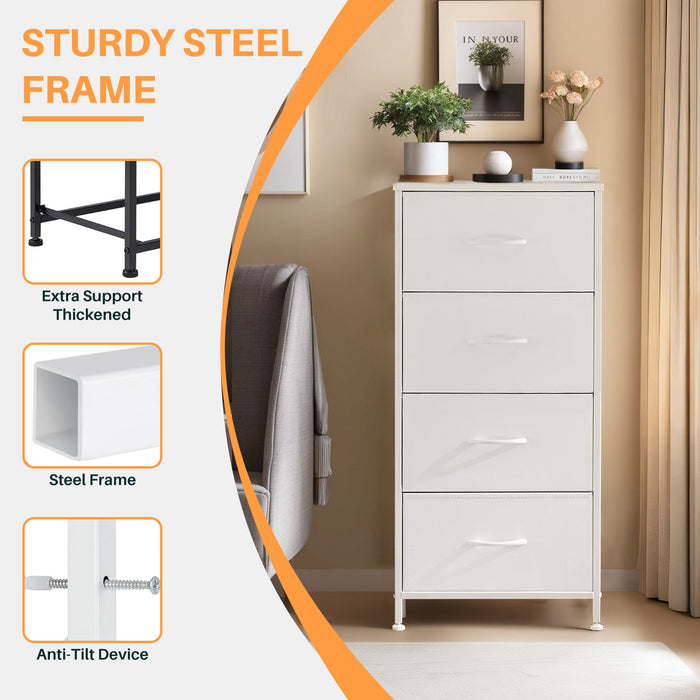 Bigleap 4 Drawer Dresser, Fabric Storage Tower Organizer with Wood Top and Steel Frame for Bedroom, Closet, Hallway, Entryway,White