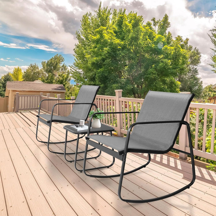 Simenmax 3-Piece Outdoor Rocking Set, Outdoor Furniture Set with Textilene Chairs & Glass-Top Table, Conversation Set of 3 for Porch, Lawn, Garden, Yard, Balcony, Poolside, Gray