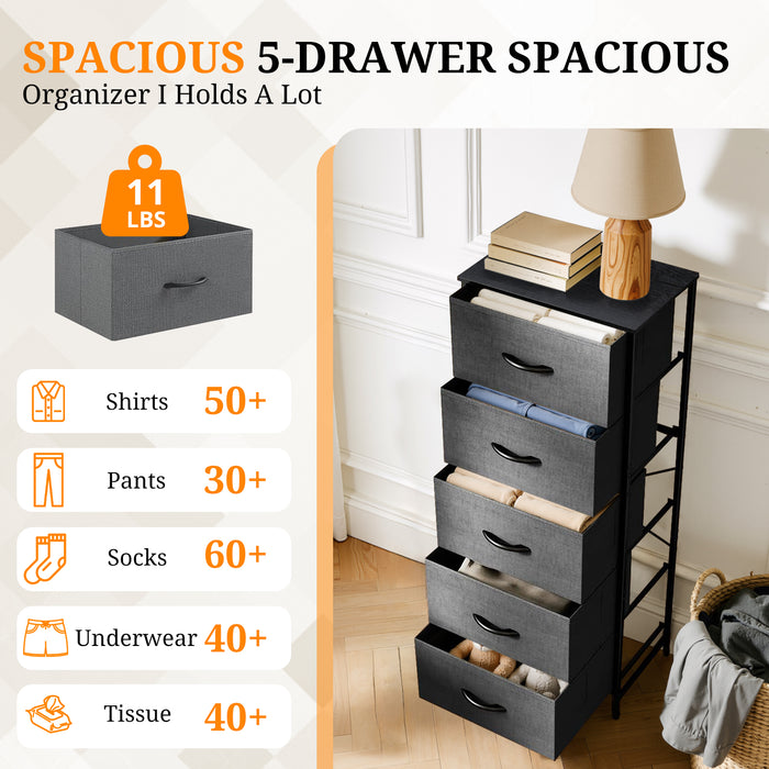Bigleap 5-Drawer Dresser，5 Drawer Nightstand with Wood Top & Fabric Bins - Slim Storage Cabinet for Bedroom, Closet, Living Room,Gray