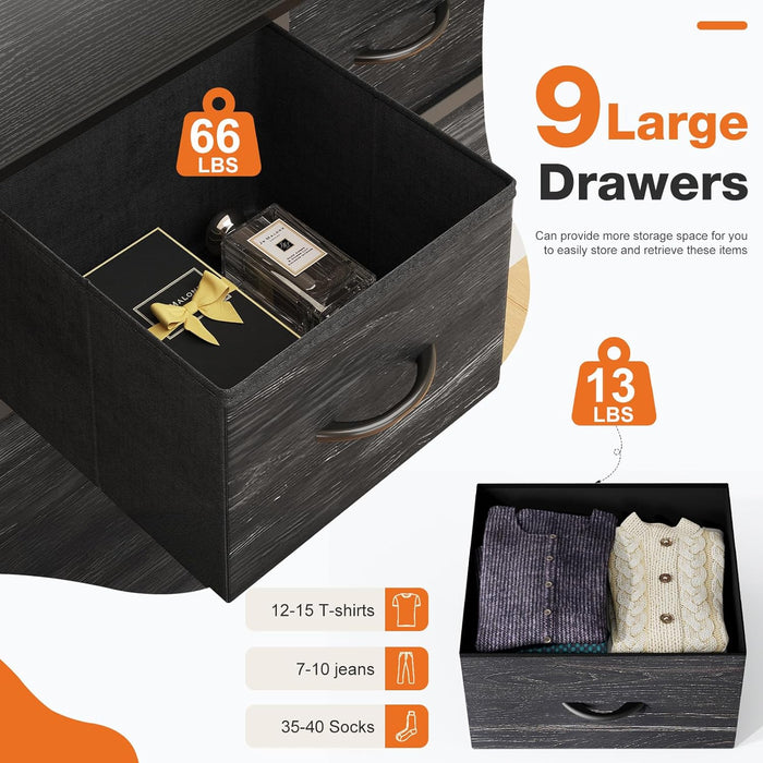 Simenmax 4/5/7/8/9Dresser, Storage Drawers with Removable Fabric Bins, Fabric Closet Chests Organizer for Bedroom, Closet, Living Room, Black Wood