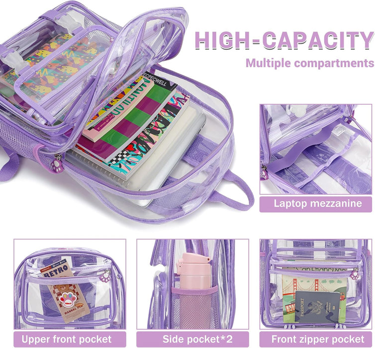 Large Clear Backpack for Girls, Cute Transparent Heavy Duty Stadium Approved PVC Kids School Book Bags With Free Pendant As Gift, Purple