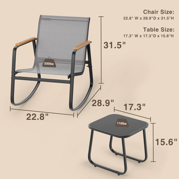 Simenmax 3-Piece Outdoor Rocking Set, Outdoor Furniture Set with Textilene Chairs & Glass-Top Table, Conversation Set of 3 for Porch, Lawn, Garden, Yard, Balcony, Poolside, Gray
