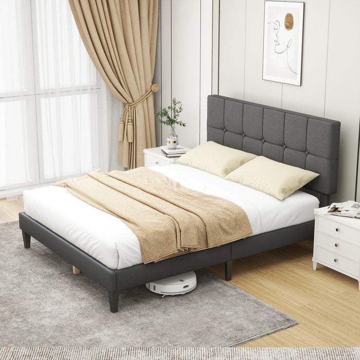 Simenmax Full Upholstered Platform Bed Frame with Linen Headboard Wood Slat, Gray