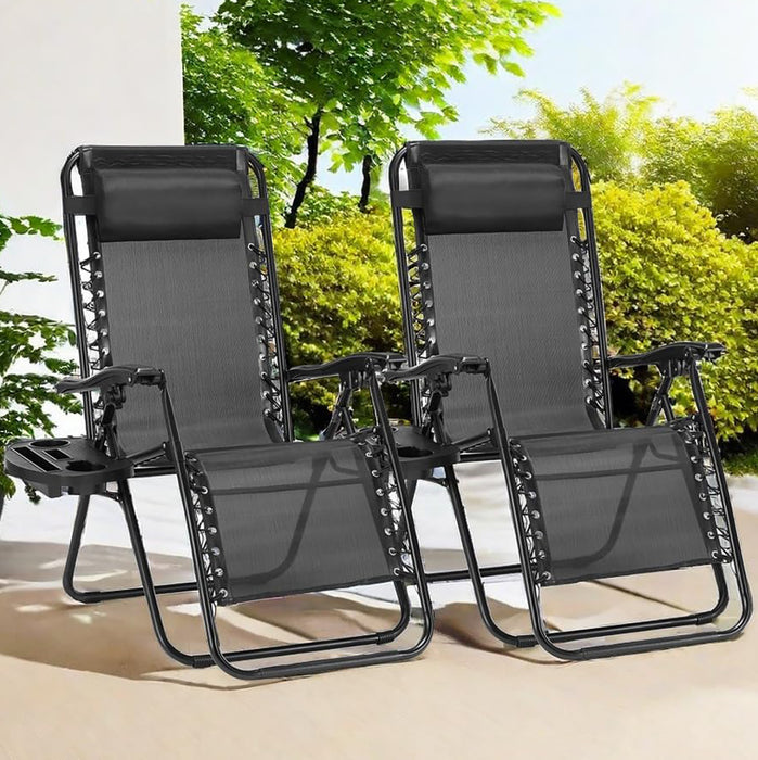 Bigleap Zero Gravity Chairs, Set of 2 Portable Recliner Beach Camping Patio Outdoor Folding Lounge Chair with Cup Holder Trays and Adjustable Pillow for Poolside, Garden, Backyard, Lawn , Black