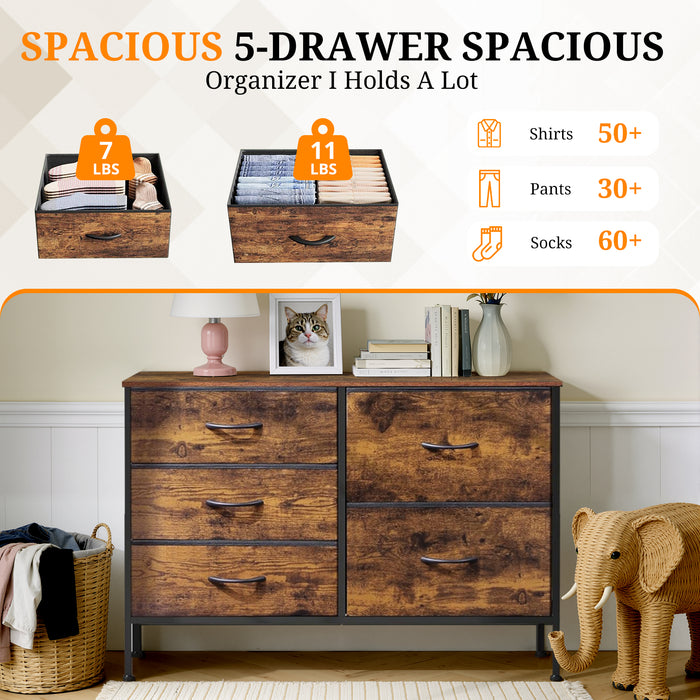 Bigleap 5-Drawer Fabric Dresser, Wide Storage Organizer Dresser for Bedroom, Living Room & Closet,Brown