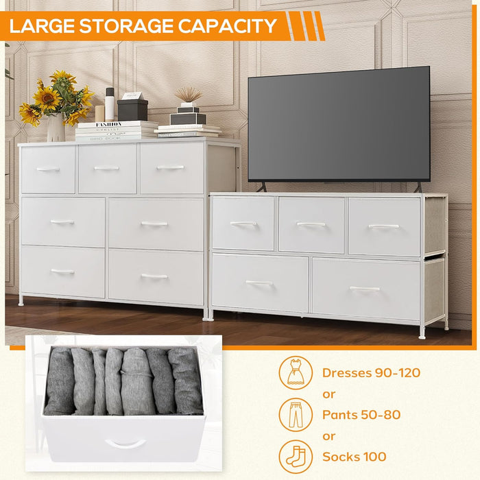 5 Drawer Dresser, Wide Chest Of Drawers Nightstand Storage Tower Storage Dresser Fabric Dresser With Wood Top for Living Room, Bedroom, Hallway, Nursery, White