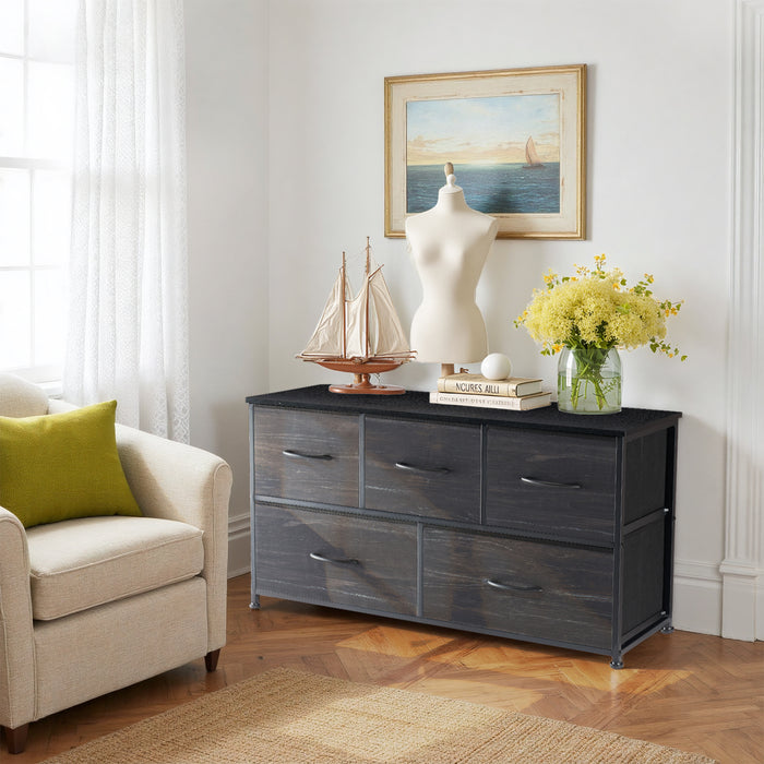 Bigleap 5 Drawers Dresser for Bedroom, Wide Dressers with Drawer Organizers, Chest of Drawers, Fabric Dresser for Living Room, Closet, Hallway,Black Wood