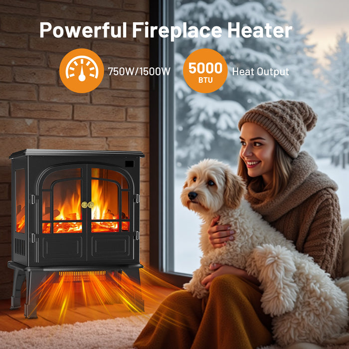 Simenmax Freestanding Electric Fireplace Heater, 26" Two Door Electric Fireplace Infrared Stove Heater, 3D Realistic Flame Effects, Adjustable Brightness and Heating Mode, Overheating Safe Design