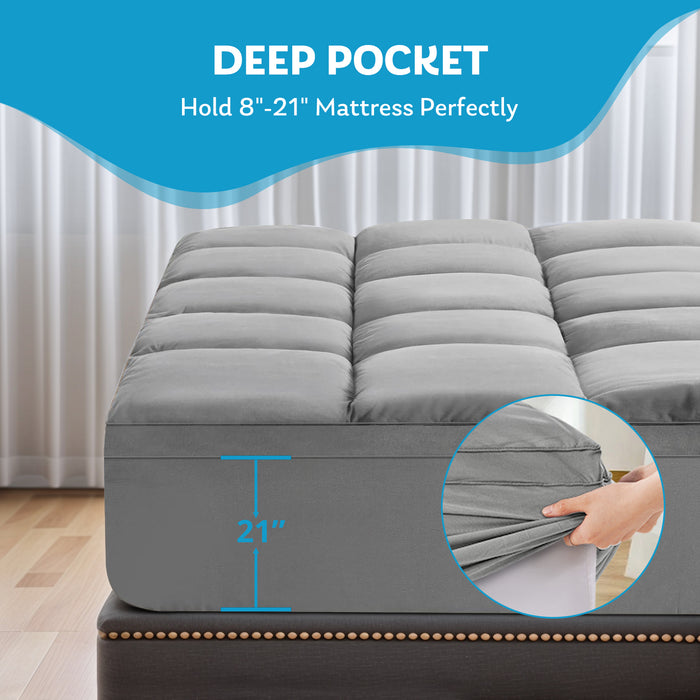 King Size Mattress Pad, Extra Thick Mattress Pad/Topper 8-21" Deep Pocket Soft Down, Fill Mattress Protector Pillow Top Mattress Cover(Gray)